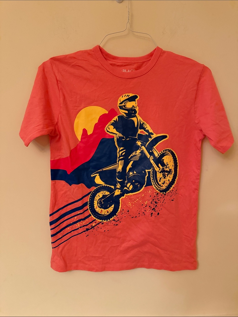 Children's Place‎ Coral Tee with Navy & Yellow Motocross Graphic Size XL 14